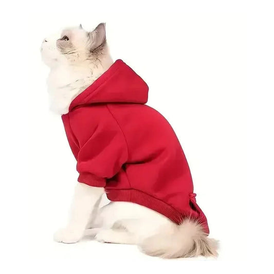 Cat wearing the red Classic Fleece Hoodie